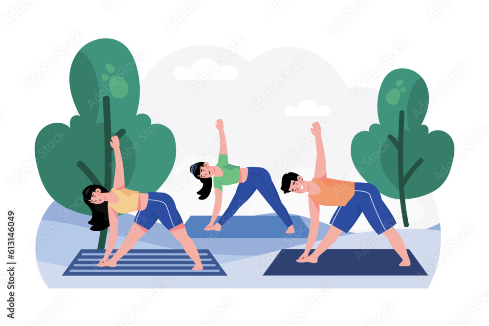 Fototapeta premium Friends practice morning yoga in the park.