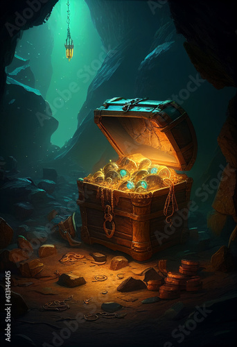 A treasure chest stands on a mountain of coins in a cave. AI Generated