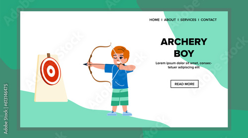 archery boy vector. arrow bow, target archer, child young, game aim, kid competition archery boy web flat cartoon illustration