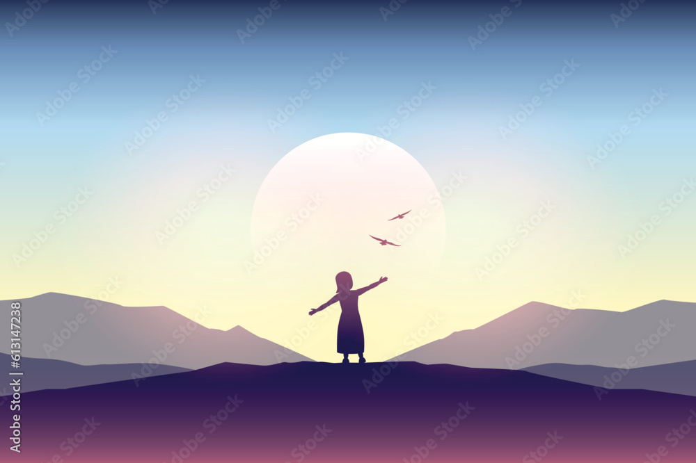 little girl silhouette at sunset dream about flying childhood dreams vector illustration EPS10