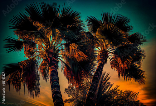 Palm tops at dawn. AI Generated