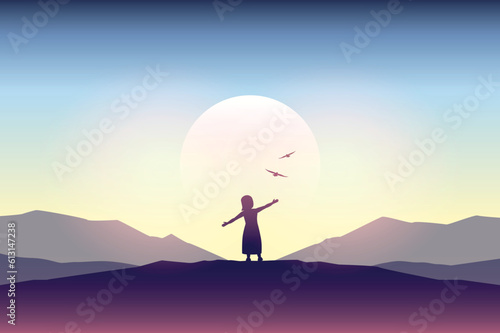 little girl silhouette at sunset dream about flying childhood dreams vector illustration EPS10