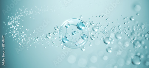 Cosmetic Essence, Liquid bubble, Molecule inside Liquid Bubble on water background, 3d rendering