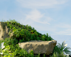 stone product display podium for cosmetic product with green nature garden background, 3d rendering.