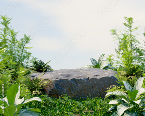 stone product display podium for cosmetic product with green nature garden background, 3d rendering. #613148874