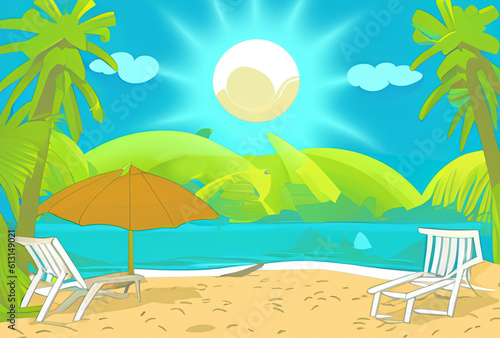 abstract cartoon style illustration of tropical island, vacations in tropics, tropical paradise created with generative ai technology © Alena Yakusheva