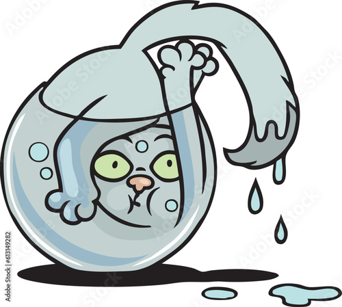 Witziger Cartoon einer ungeschickten Katze, die triefend nass in einem Aquarium feststeckt	