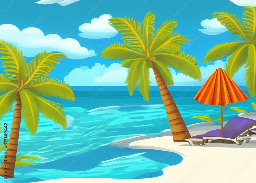 abstract cartoon style illustration of tropical island, vacations in tropics, tropical paradise created with generative ai technology