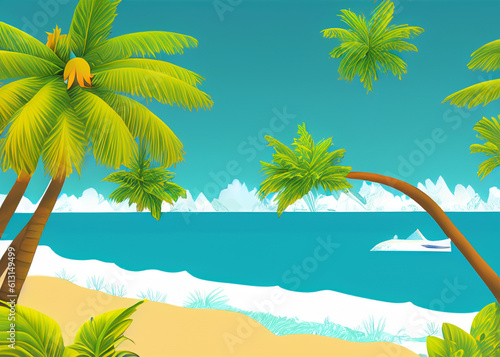 abstract cartoon style illustration of tropical island  vacations in tropics  tropical paradise created with generative ai technology