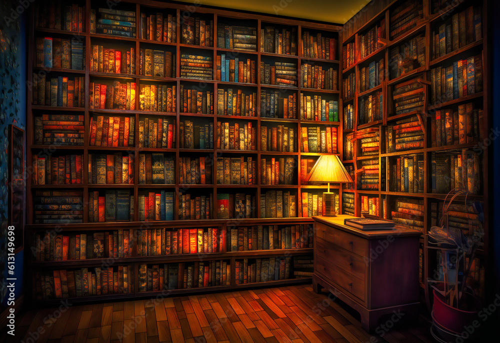 a photo of many books shelved up on the wall lit up a photo of many books shelved up on the wall lit up
