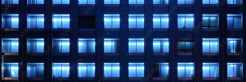 Seamless skyscraper facade with blue tinted windows and blinds at night Seamless skyscraper facade with blue tinted windows and blinds at night