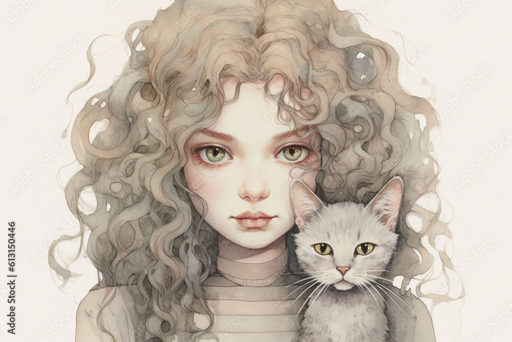 Sweet grey kitty with a heavy set woman with curly light brown hair with grey streaks in the style of line art and watercolor. AI generative