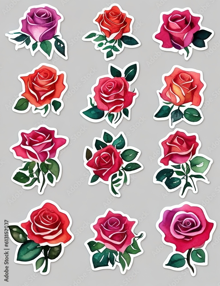 Set of red and pink roses with green leaves isolated on grey background