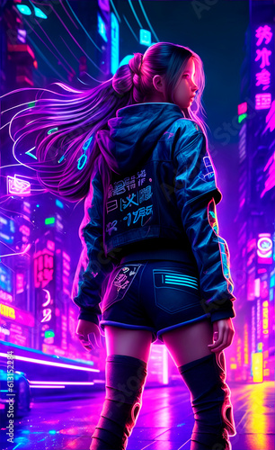 girl with long hair, stot with her back to the camera, full length shot, character sheet, lightning wave, 3d, cg graphics, glowing neon, cyberpunk, streetwear,, neon city