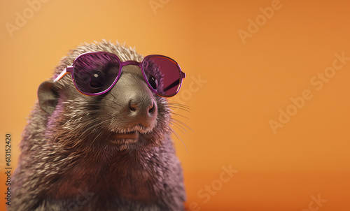 Creative animal concept. Mole in sunglass shade glasses isolated on solid pastel background, commercial, editorial advertisement, surreal surrealism.  photo