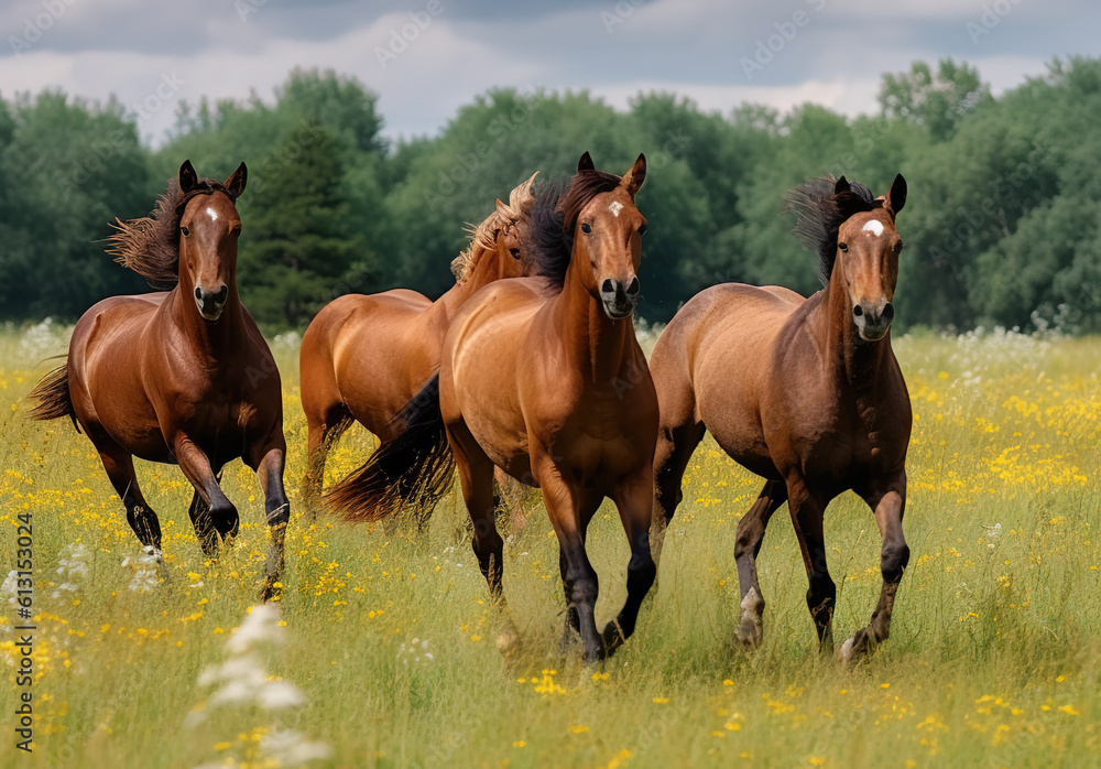 Image of flock of horses in the fertile meadows and forests. Wildlife Animals. Illustration, Generative AI. Image of flock of horses in the fertile meadows and forests. Wildlife Animals. Illustration, Generative AI.