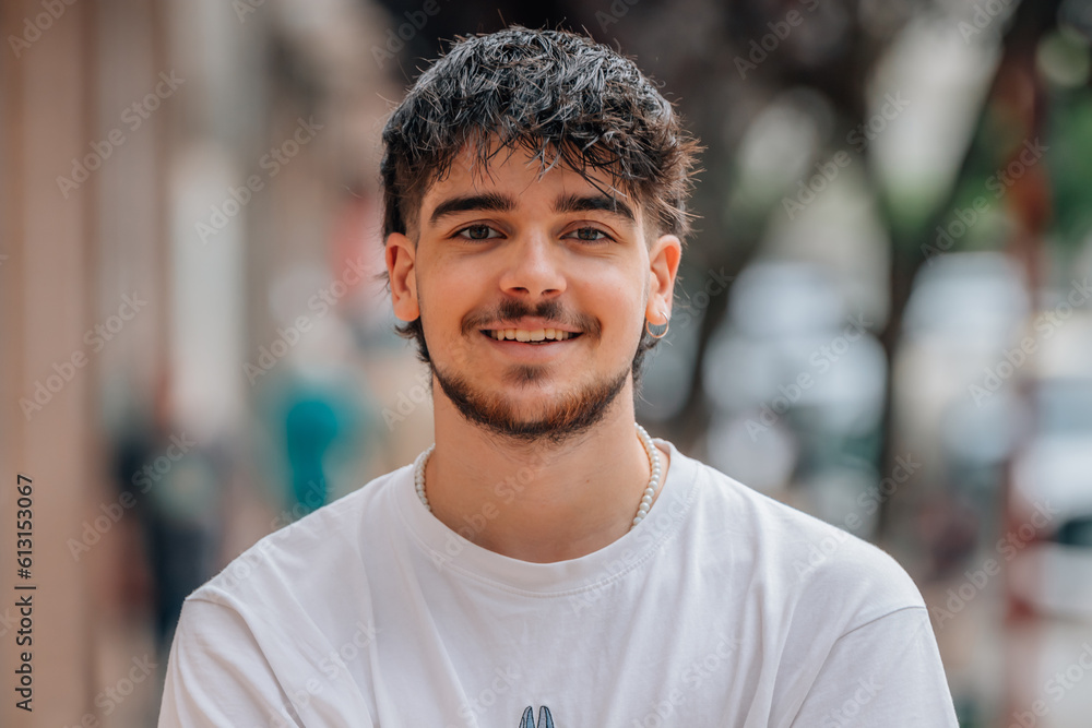 street portrait of young caucasian man or student
