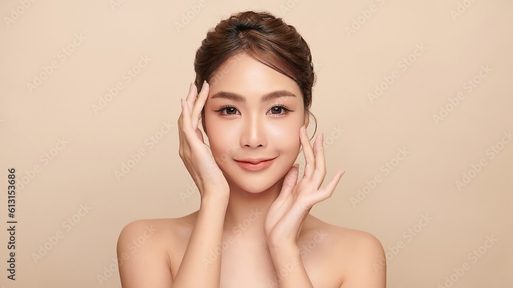 Beautiful young asian woman with clean fresh skin on beige background, Face care, Facial treatment, Cosmetology, beauty and spa, Asian women portrait. Beautiful young asian woman with clean fresh skin on beige background, Face care, Facial treatment, Cosmetology, beauty and spa, Asian women portrait.