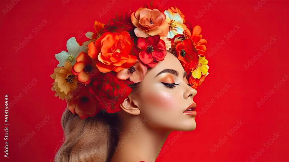 Naklejka premium Beautiful model with flowers at hair on red backgroundd. Perfect woman face makeup close up. Lipstick. Perfect skin. Generative AI