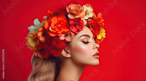 Beautiful model with flowers at hair on red backgroundd. Perfect woman face makeup close up. Lipstick. Perfect skin. Generative AI © PaulShlykov