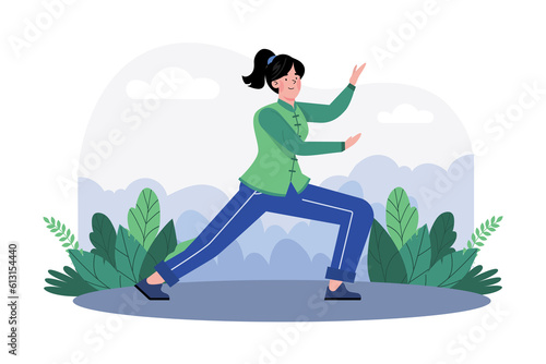 Woman practices tai chi in a serene garden.