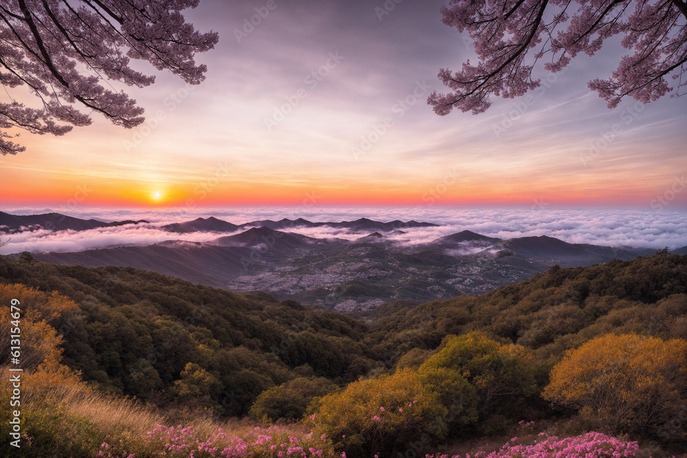 Fototapeta premium Sakura blossoms in japanese style ornamental garden, beautiful landscape. Generative AI.