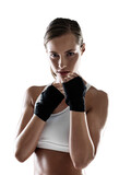 Woman, hands and martial arts with sport and exercise in portrait, boxing and training isolated on transparent png background. Strong female boxer, athlete and start fight with self defense and MMA