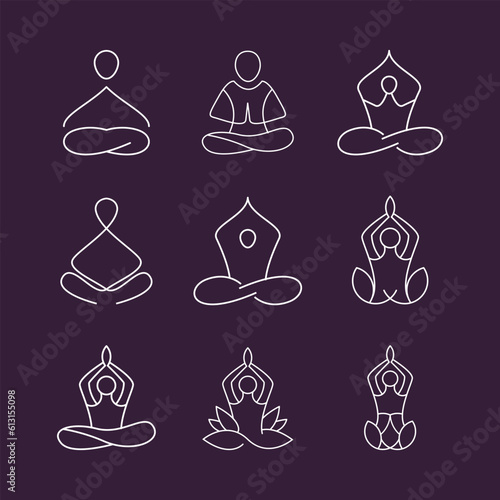 Minimalist Yoga poses human line art logo collection . Yoga meditation logo illustration vector.