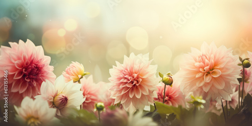 Dahlia Flowers Background with copy space. Beautiful Floral Background for Greeting card for Mother's day, Birthday, Women's day, Wedding. Generative ai illustration