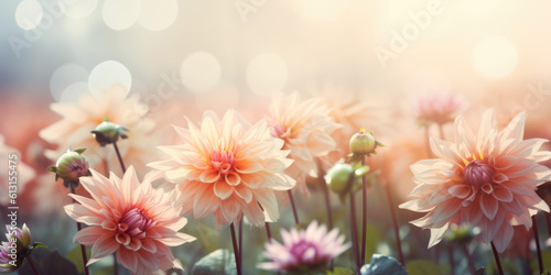 Dahlia flowers. Soft Pink Dahlias Background. Beautiful Floral Background for Greeting card for Mother's day, Birthday, Women's day, WEdding. Generative ai illustration