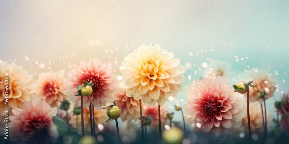 Dahlia flowers. Dahlias in the Garden. Beautiful Floral Background for Greeting card for Mother's day, Birthday, Women's day. Generative ai illustration