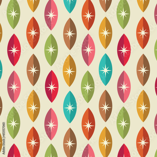 Mid century modern atomic starbursts on colorful geometric leaves seamless pattern in orange, green, brown, red, pink and yellow. For home decor, retro backgrounds and wallpaper 