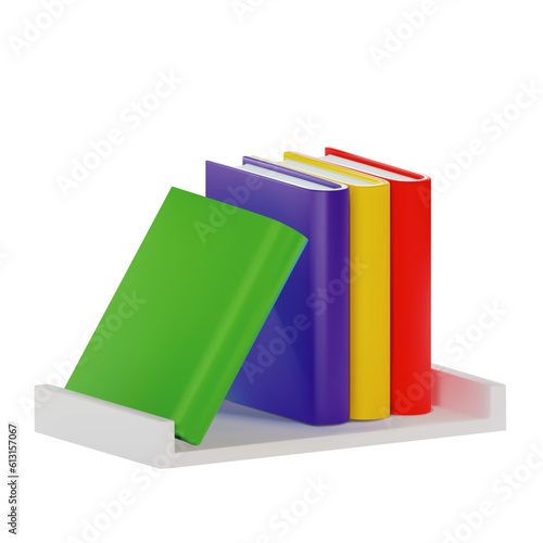 render of colorful books on a white shelf. Vector 3d illustration isolated on white background