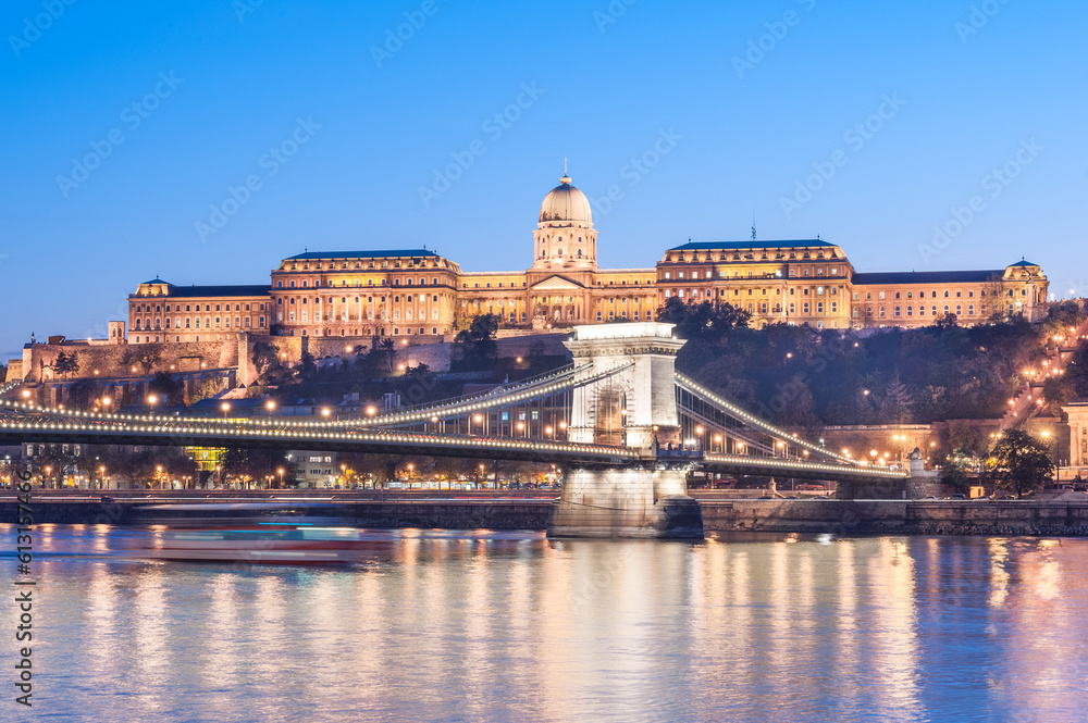 Chain bridge, Danube and Royal Palace in Budapest, Hungary. Evening photo shoot.