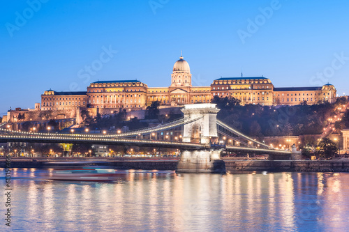 Chain bridge  Danube and Royal Palace in Budapest  Hungary. Evening photo shoot.
