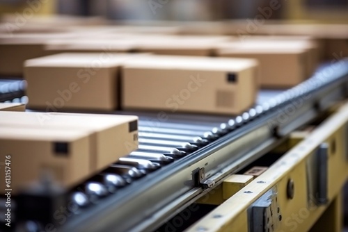 Close-up of cardboard boxes on a conveyor belt, Generative Ai