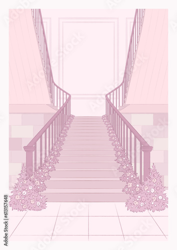 Vector castle hall, interior of ballroom for dancing, presentation or royal reception. Hand drawn elegant stairs with floral decoration. Pink background