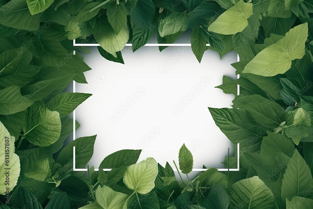 Fototapeta premium Top view of closeup designs of nature frame with decorative plants on green leaf background for spring and summer in forest setting with copy space