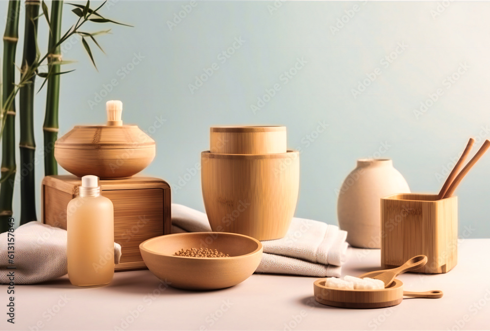 cosmetic products with bamboo containers on white background