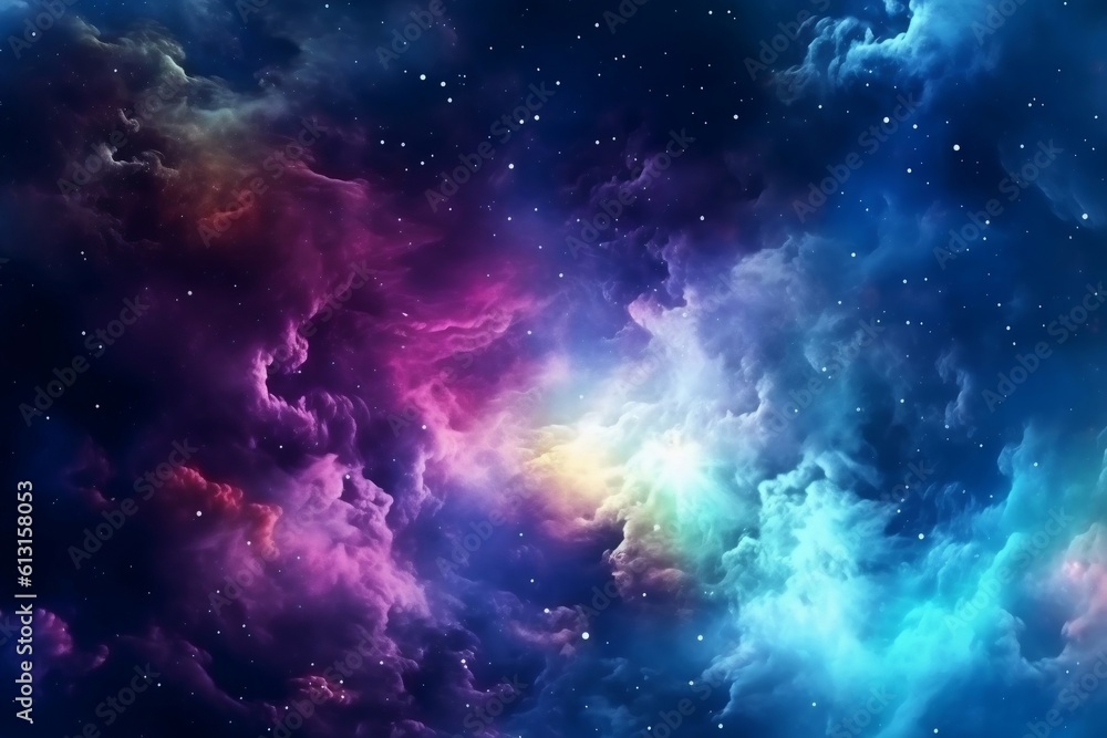 Vibrant depiction of a celestial galaxy with colorful nebula clouds, Generative Ai