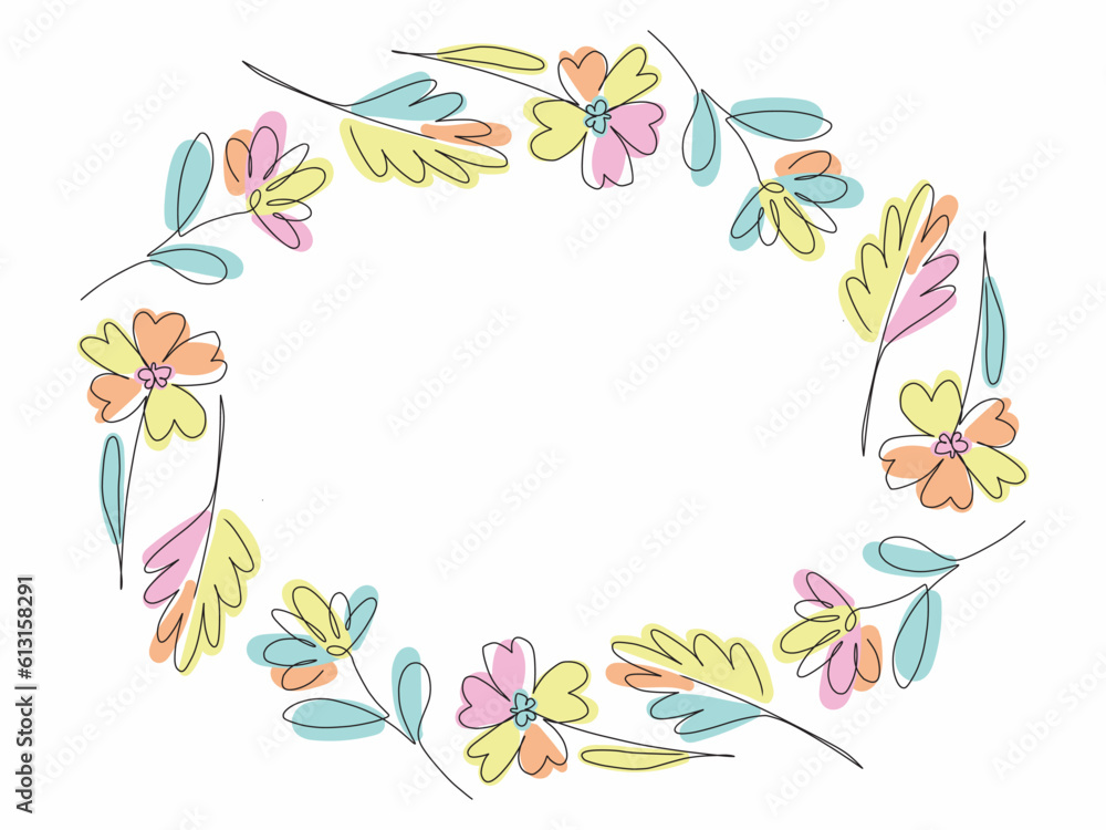 Vector isolated Round Flower frame, pastel wedding plant border, oval one line invitation template, floral card