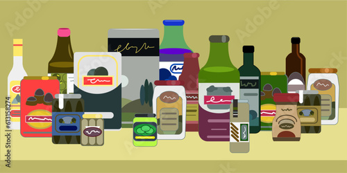 Bottle and glass. A set of different grocery products in jars and bottles. Various packaging.