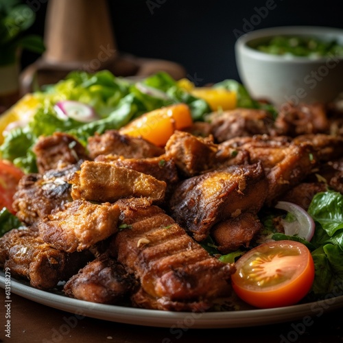Close-Up Shot of Haitian Griot with Fried Plantains and Salad