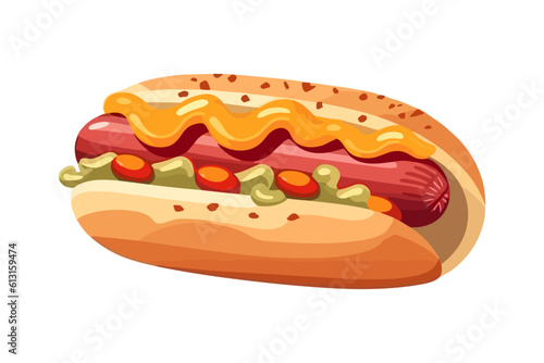 Vector illustration cartoon flat style delicious appetizing hotdog hot dog sandwich with sausage mustard greens isolated on white sticker design bun with sausage fast food snack