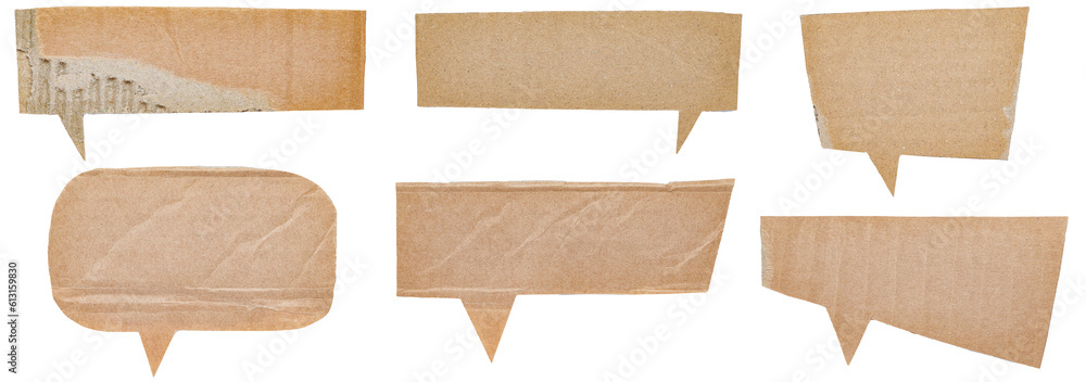 Collection Set Bundle of blank cut out paper corrugated cardboard speech bubbles of rectangular and round shape with copy space for text on transparent or white background
