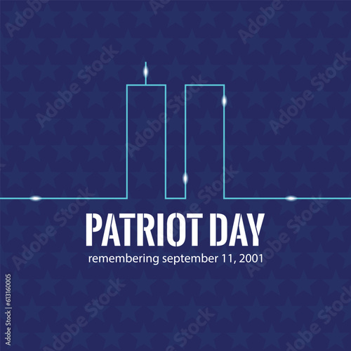 Vector illustration of neon twin towers and the inscription Patriot day on a blue background with stars.