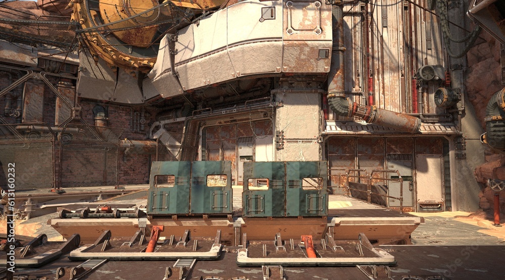 3D render of a Rusty industrial Sci-fi scene. Abandoned futuristic factory. Photorealistic 3D illustration. Grunge Sci-fi wallpaper.