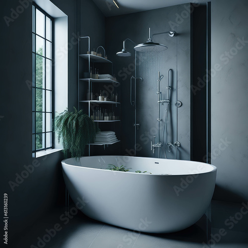 Modern Stylish Concrete Bathroom Interior  Ceramic bathtub  Art Lights on Ceiling  Mirror and metal Elements  Window with Soft Light generative Ai