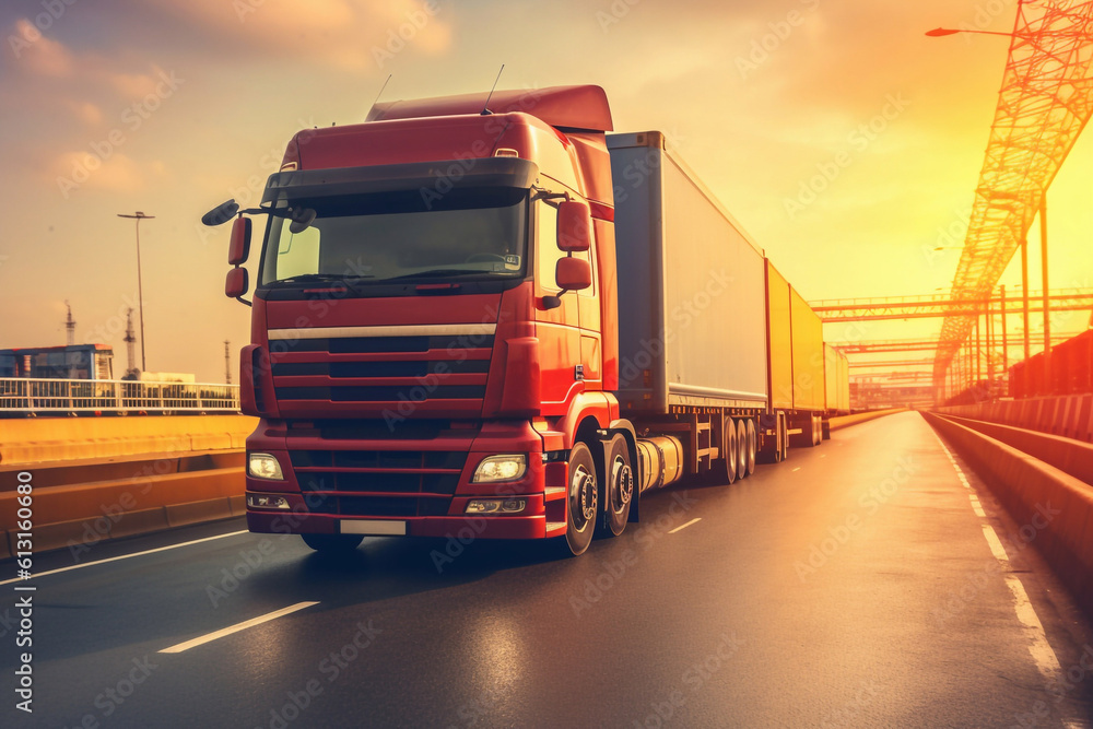 Semi Trailer Trucks Parked Loading at Dock Warehouse. Shipping Cargo Container Delivery Trucks. Loading Distribution Warehouse. Freight Trucks Cargo Transport. Warehouse Logistics. Generative AI