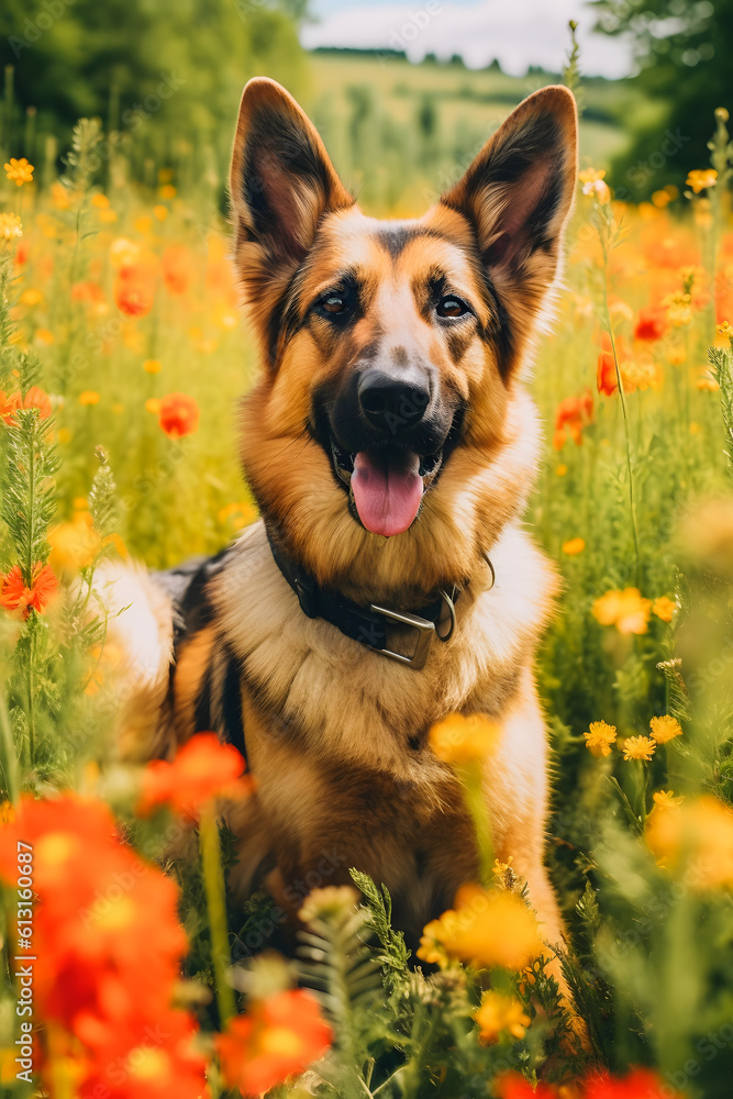 German Shepherd in Flower Field: Captivating Image of a Cute Canine German Shepherd in Flower Field: Captivating Image of a Cute Canine